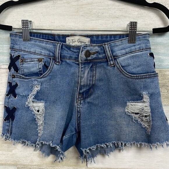 TRUE GYPSY Mid Rise Distressed Denim Shorts Womens 1 29" Waist - Picture 1 of 4